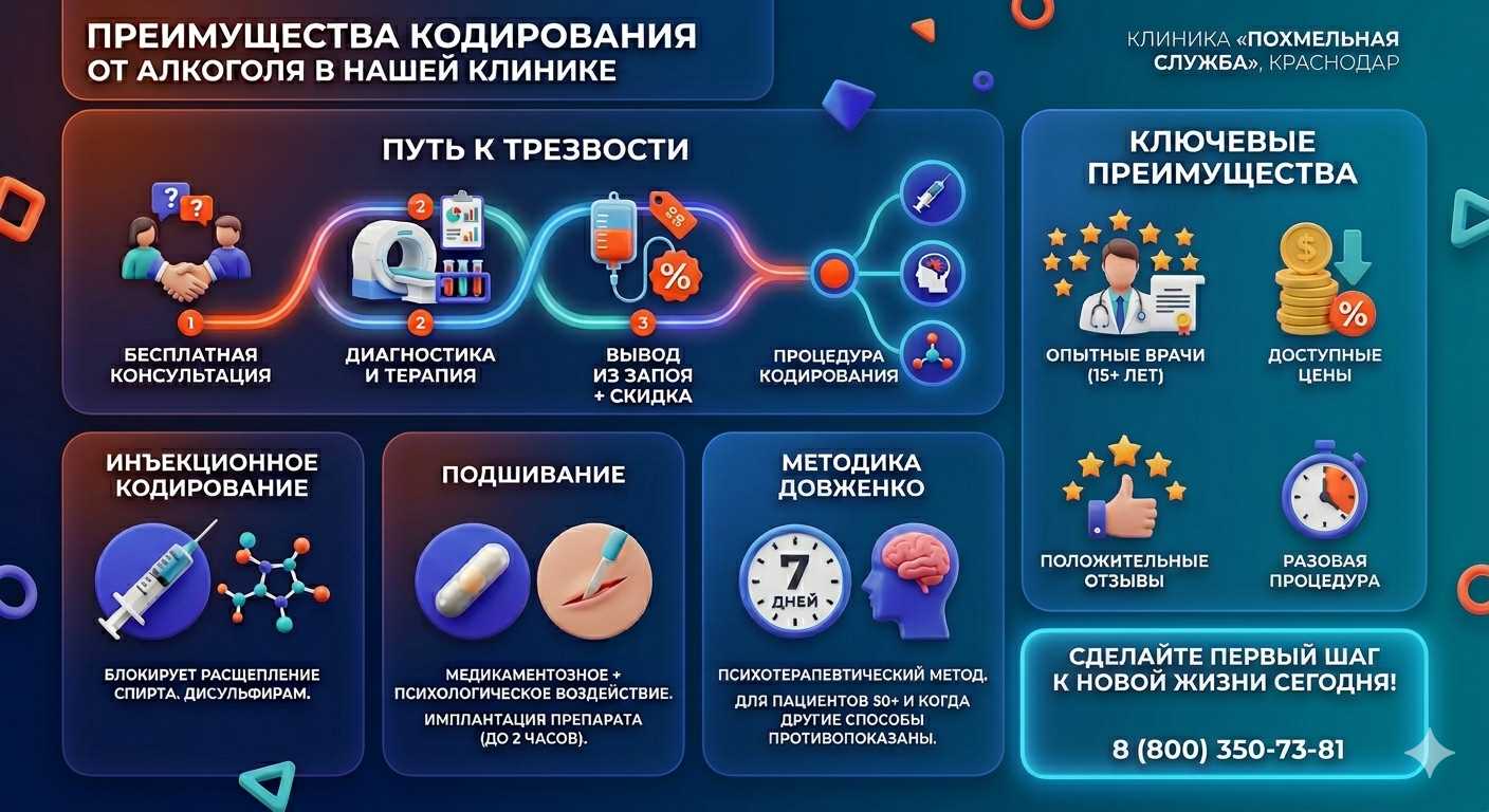 Инфографика о методах кодирования от алкоголя в Марьянской: инъекции, подшивание, метод Довженко. Преимущества клиники и этапы лечения.