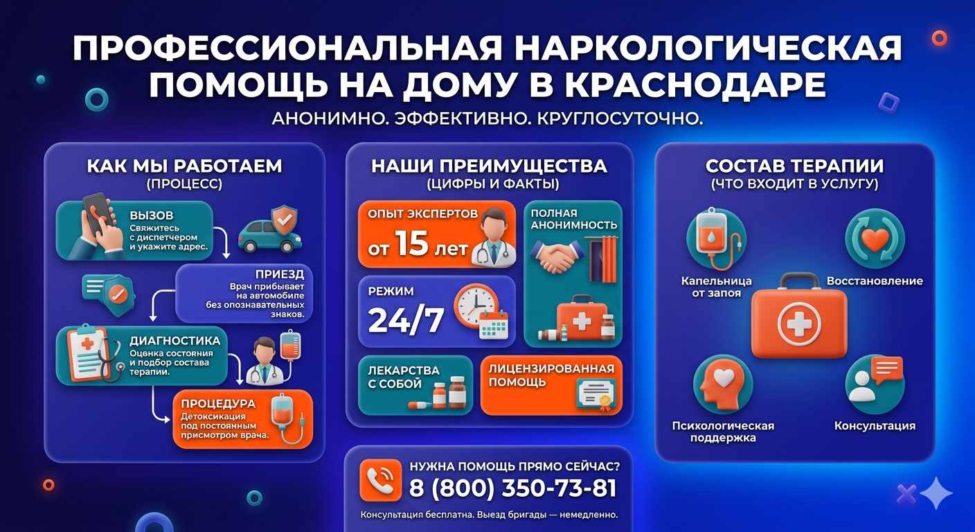 Инфографика о принципах лечения алкоголизма на дому в Марьянской: этапы вызова нарколога, преимущества анонимной детоксикации и состав медицинской помощи.
